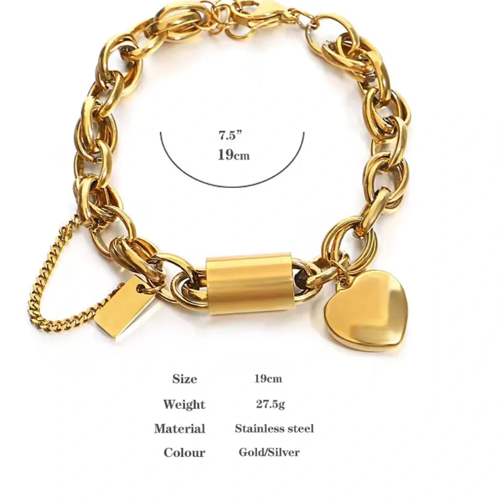 Anthropologie Chunky Gold Chain Bracelet with Heart Lock & Safety Chain - Picture 3 of 9